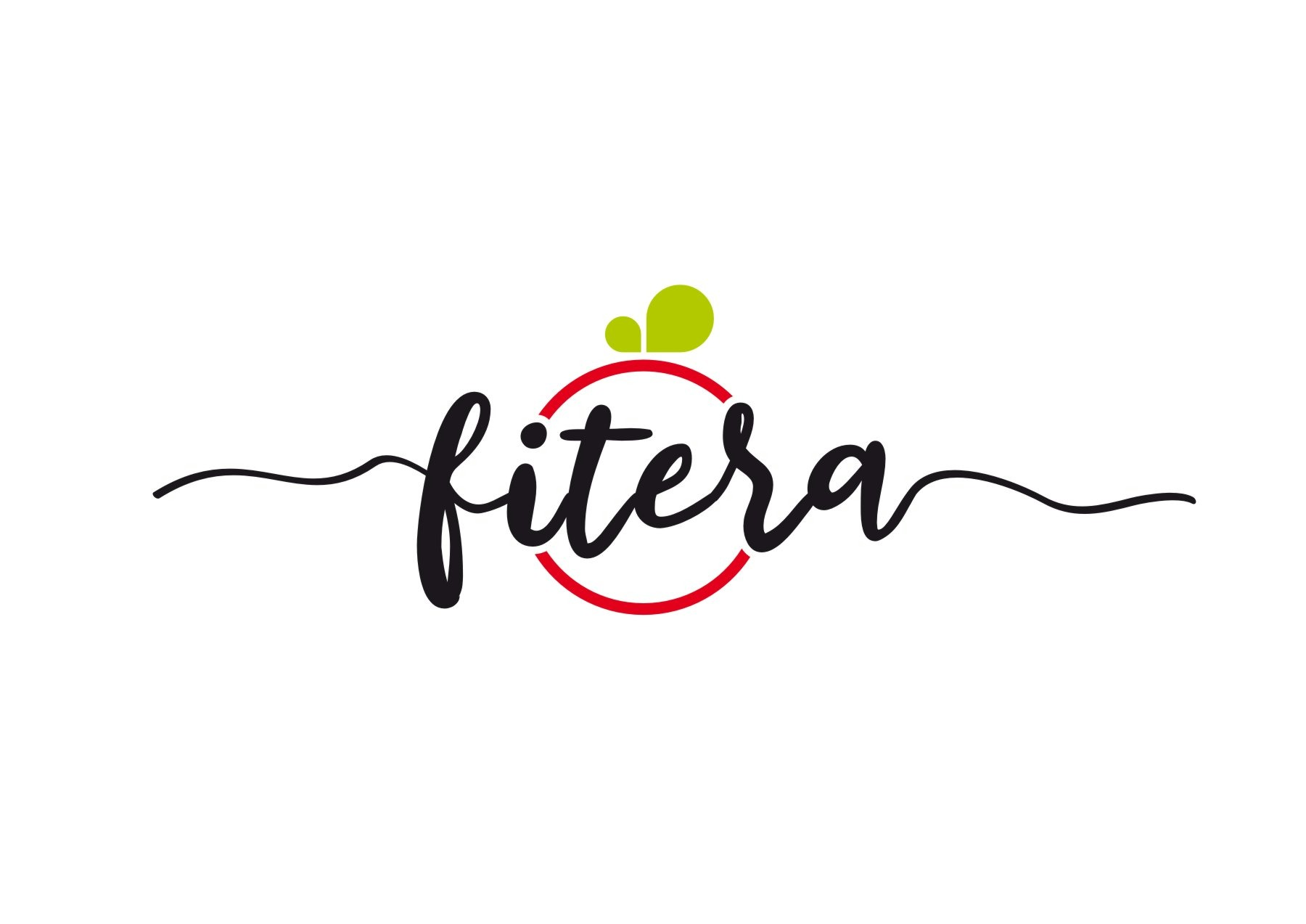 Logo firmy z nazwą 'fitera' napisaną kursywą, z czerwonym okręgiem i dwoma zielonymi kropkami u góry, na białym tle.