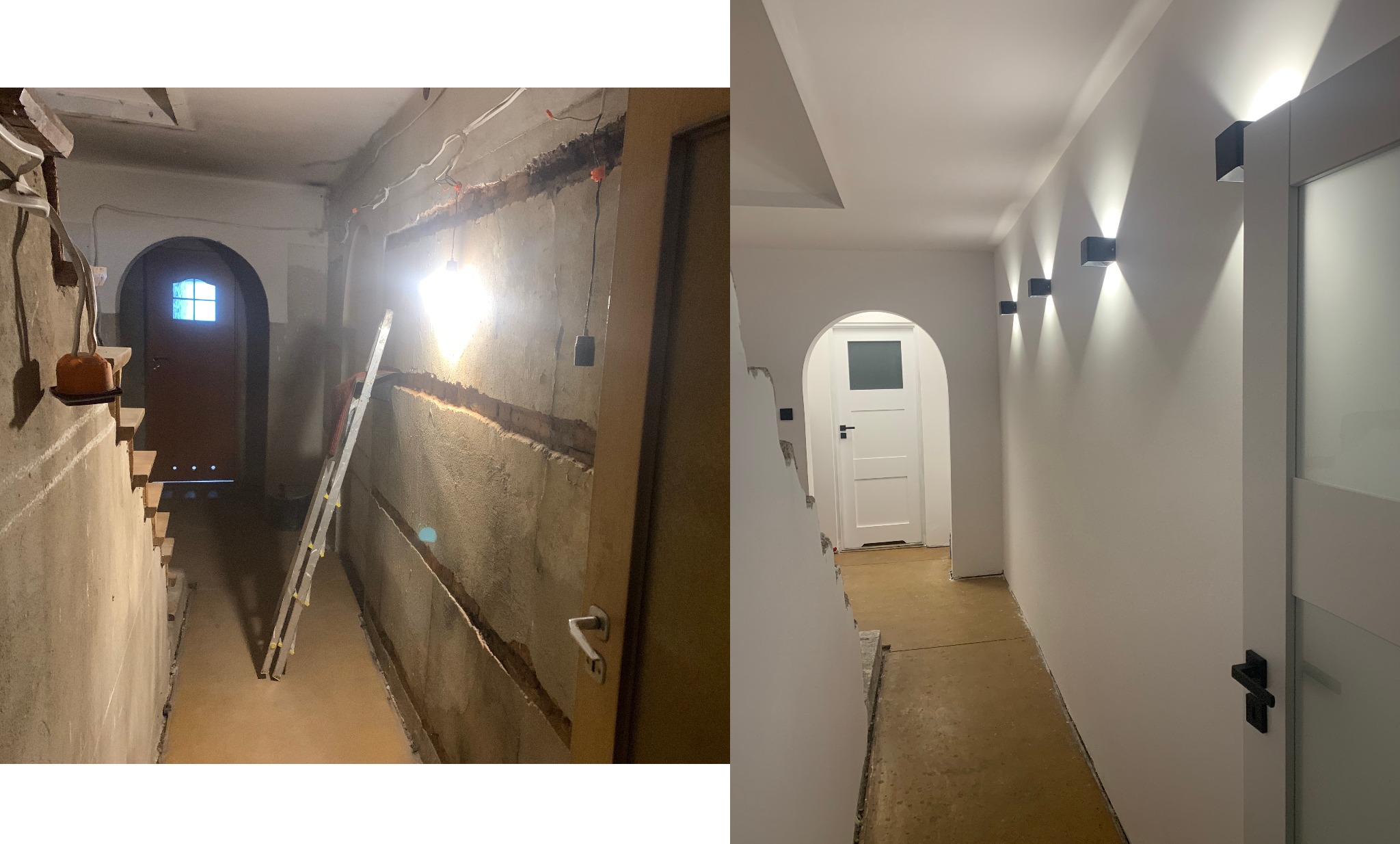 Zdjęcie przedstawia porównanie korytarza przed i po remoncie. Po lewej stronie surowe ściany z widocznymi instalacjami i drabiną, po prawej odnowione wnętrze z gładkimi białymi ścianami...