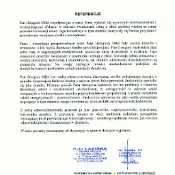 Skan dokumentu referencyjnego od Huta Łaziska SA dla Pana Grzegorza Miksia w zakresie likwidacji szkód i negocjacji odszkodowań, z pieczęcią i podpisem Prezesa Zarządu Marka Kuźmy.