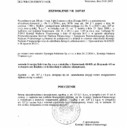 Skan dokumentu Zezwolenia nr 2107/15 wydanego przez Komisję Nadzoru Finansowego, datowanego na 21.01.2015, zezwalającego Synergia Solutions Sp. z o.o. na wykonywanie działalności brokerskiej...