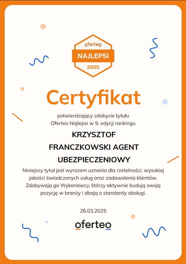 Certyfikat Oferteo Najlepsi 2025 dla Krzysztofa Franczkowskiego, agenta ubezpieczeniowego, potwierdzający wysoką jakość świadczonych usług i zadowolenie klientów.