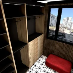 Wizualizacja garderoby z otwartymi półkami w kolorze czarnym i drewnianą zabudową, okno z widokiem na osiedle mieszkaniowe, czerwony puf na geometrycznej posadzce.