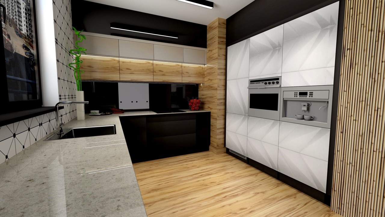 Nowoczesna kuchnia z białymi, geometrycznymi frontami szafek, drewnianymi akcentami i czarnymi elementami, widoczny zlew z baterią, okno z widokiem na miasto oraz wbudowany ekspres do kawy.