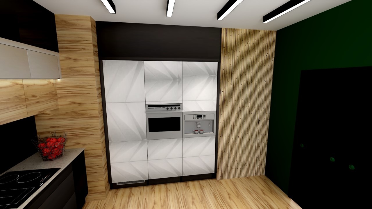 Wizualizacja nowoczesnej kuchni z białymi frontami szafek z geometrycznym wzorem, wbudowanym piekarnikiem i ekspresem do kawy, drewnianą okładziną ściany i czarnym sufitem z oświetleniem LED.