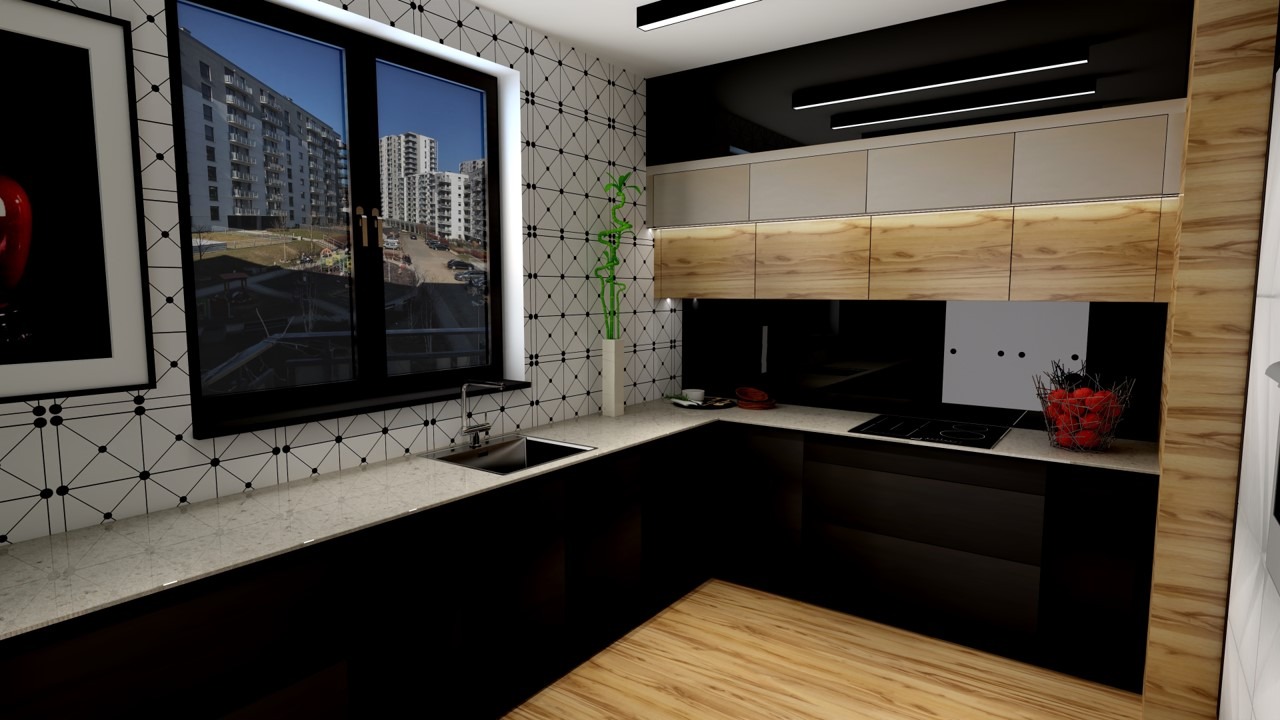 Wizualizacja nowoczesnej kuchni z czarnymi szafkami, drewnianymi akcentami i blatem z jasnego kamienia, okno z widokiem na osiedle, dekoracyjna tapeta w geometryczne wzory i minimalistyczne...