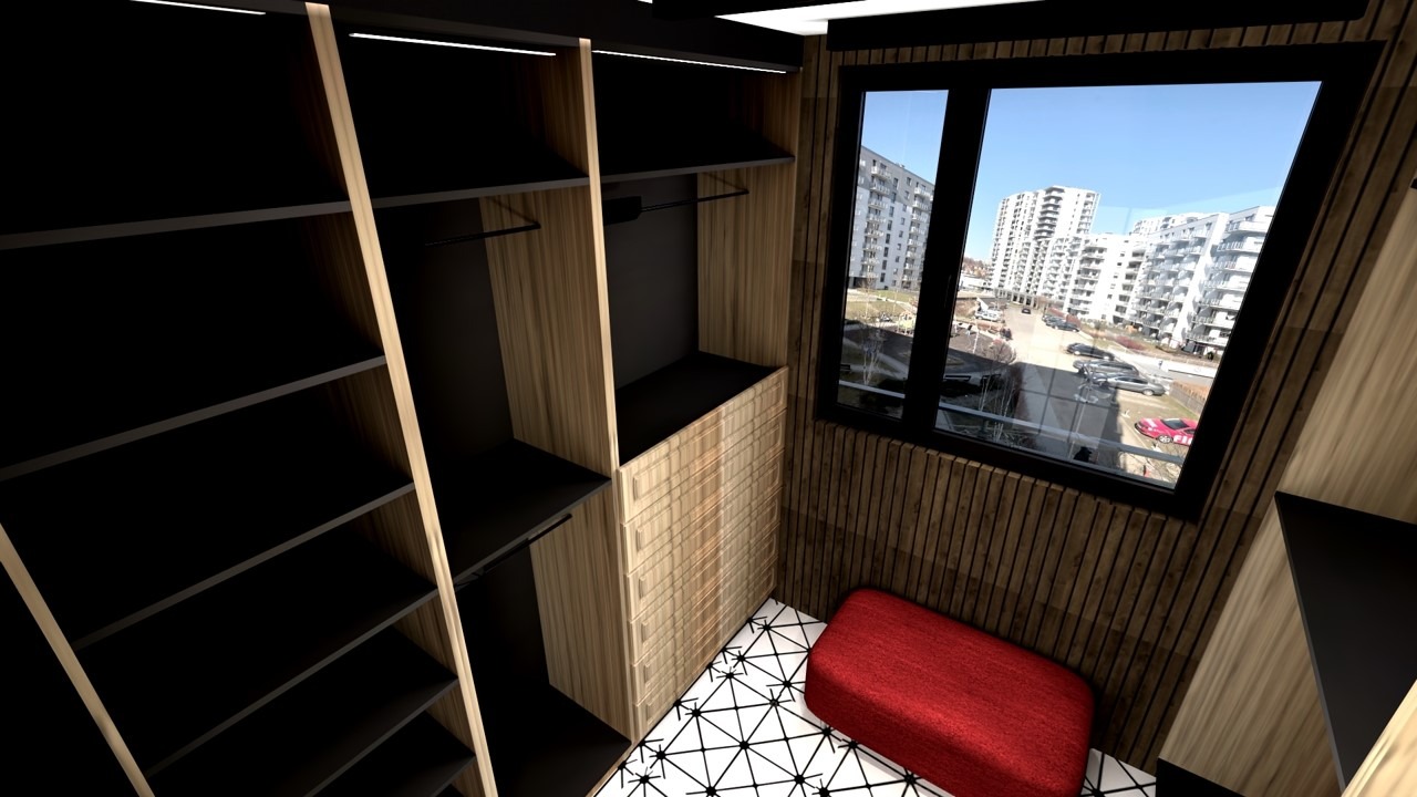 Wizualizacja garderoby z otwartymi półkami w kolorze czarnym i drewnianą zabudową, okno z widokiem na osiedle mieszkaniowe, czerwony puf na geometrycznej posadzce.