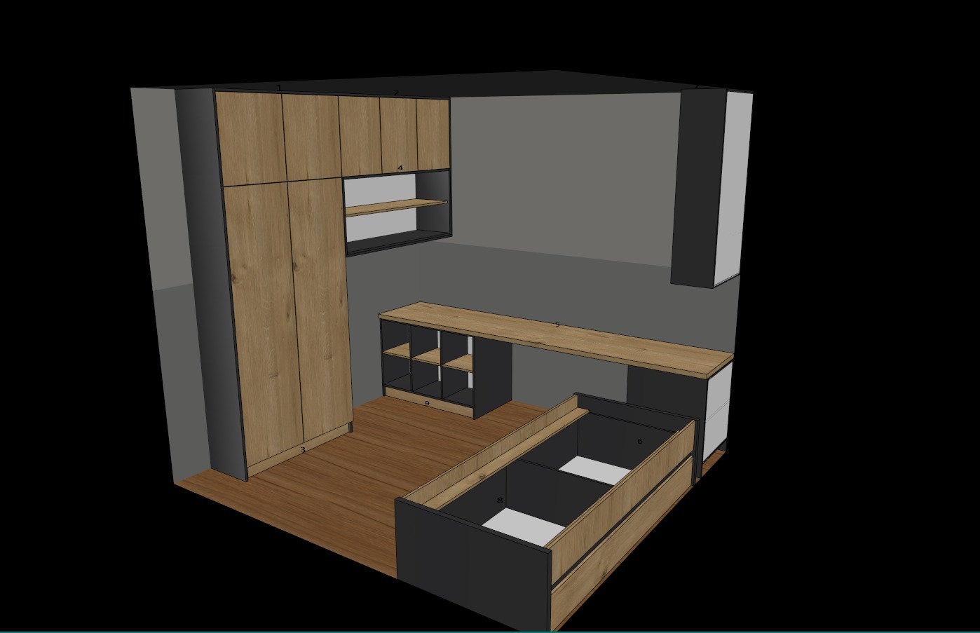 Wizualizacja 3D pokoju z zabudową meblową: szafa z drewnianymi frontami, biurko z półkami, szafka wisząca i szuflady pod łóżkiem, wszystko w minimalistycznym stylu.