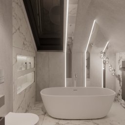 Adam Jasek Design Studio - Wizualizacja nowoczesnej łazienki z wolnostojącą białą wanną, marmurowymi ścianami i podświetlanymi niszami, oświetlona pionowymi lampami LED.