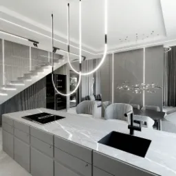 Nowoczesna kuchnia z marmurowym blatem, czarną armaturą i oświetleniem LED, widok na schody z podświetleniem i jadalnię w szarościach