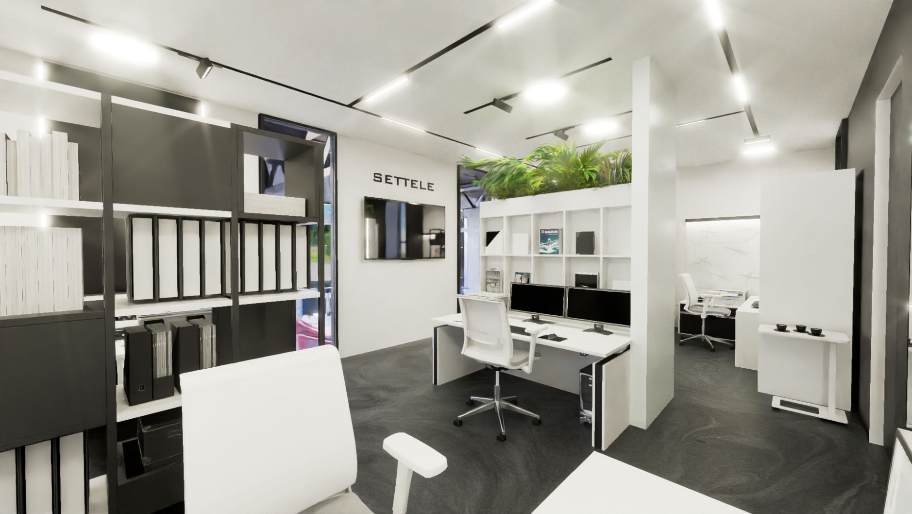 Nowoczesne biuro w odcieniach szarości i bieli z akcentami zieleni, wyposażone w biurka z monitorami, regały z segregatorami i roślinami doniczkowymi, oświetlone lampami sufitowymi.