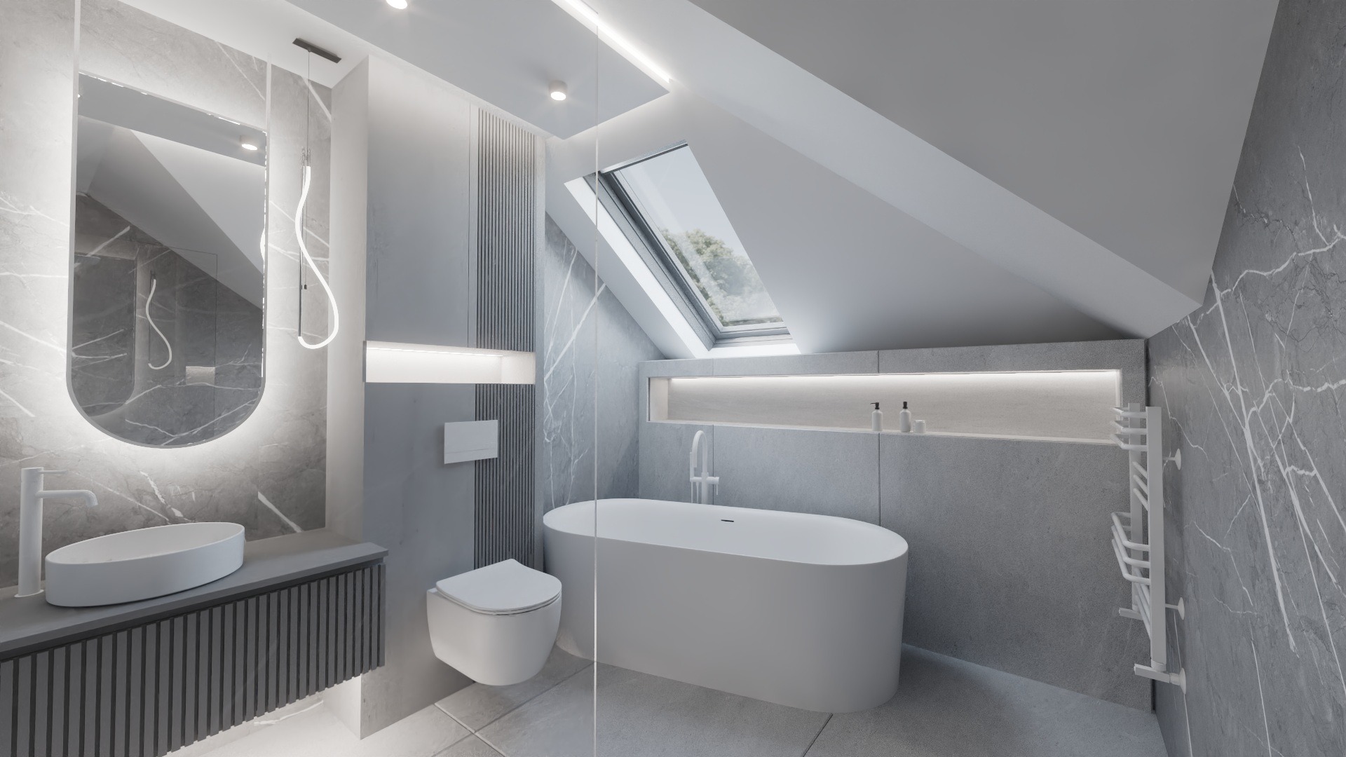 Nowoczesna łazienka na poddaszu z marmurowymi ścianami, owalnym lustrem z podświetleniem LED, wolnostojącą wanną i oknem dachowym.