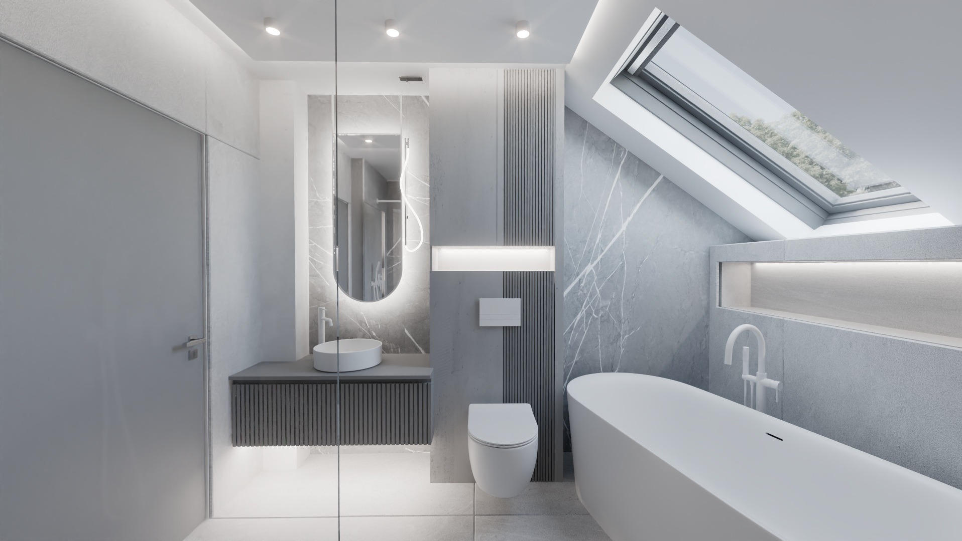 Nowoczesna łazienka na poddaszu w odcieniach szarości z marmurowymi akcentami, owalnym lustrem z podświetleniem LED, białą wanną wolnostojącą i oknem dachowym.