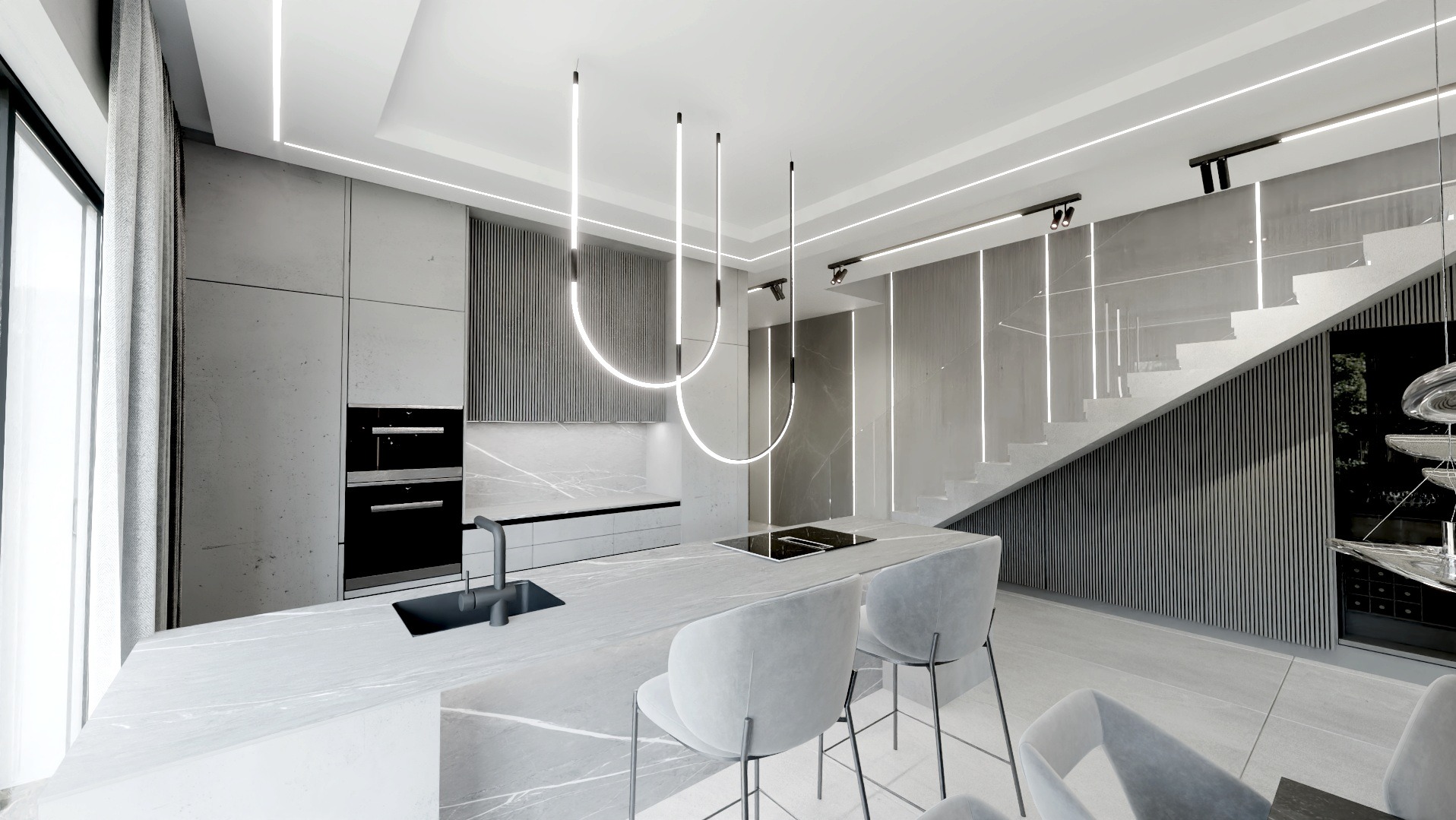 Minimalistyczna, nowoczesna kuchnia w odcieniach szarości z marmurowym blatem, wiszącymi lampami LED w kształcie łuków i schodami w tle.