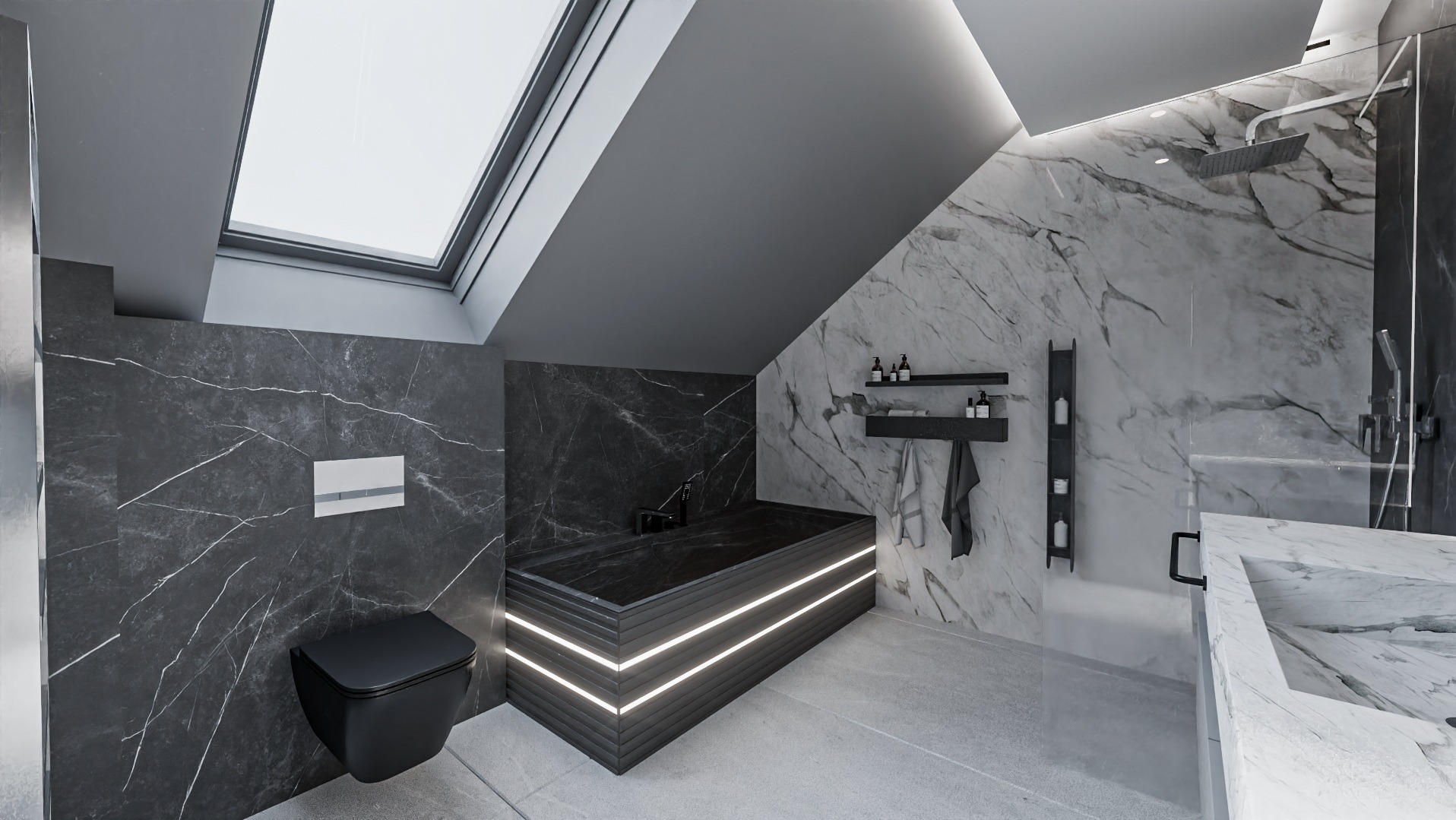 Nowoczesna łazienka na poddaszu z czarno-białymi marmurowymi ścianami, podświetlaną wanną i wiszącą toaletą.