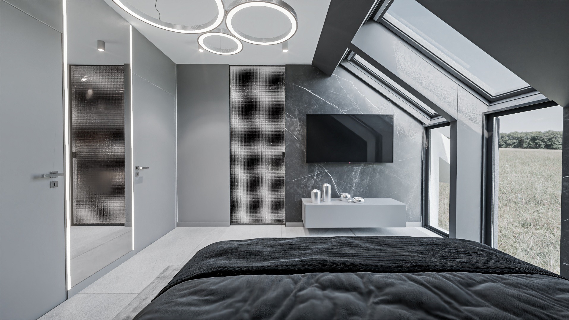 Nowoczesna sypialnia w odcieniach szarości z marmurową ścianą, telewizorem, minimalistyczną komodą i oknami dachowymi z widokiem na łąkę, oświetlona okrągłymi lampami sufitowymi.