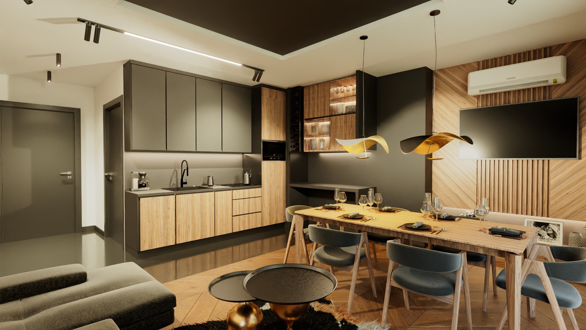 Nowoczesne wnętrze mieszkania z otwartą kuchnią, jadalnią i salonem, oświetlone lampami wiszącymi w kolorze złota, z drewnianymi elementami wykończeniowymi i czarnymi akcentami.