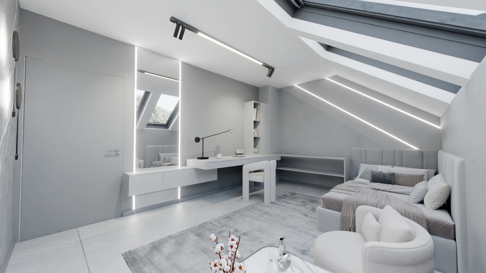 Monochromatyczna sypialnia na poddaszu z łóżkiem, biurkiem, toaletką z lustrem i oknem dachowym, oświetlona ledowymi lampami.
