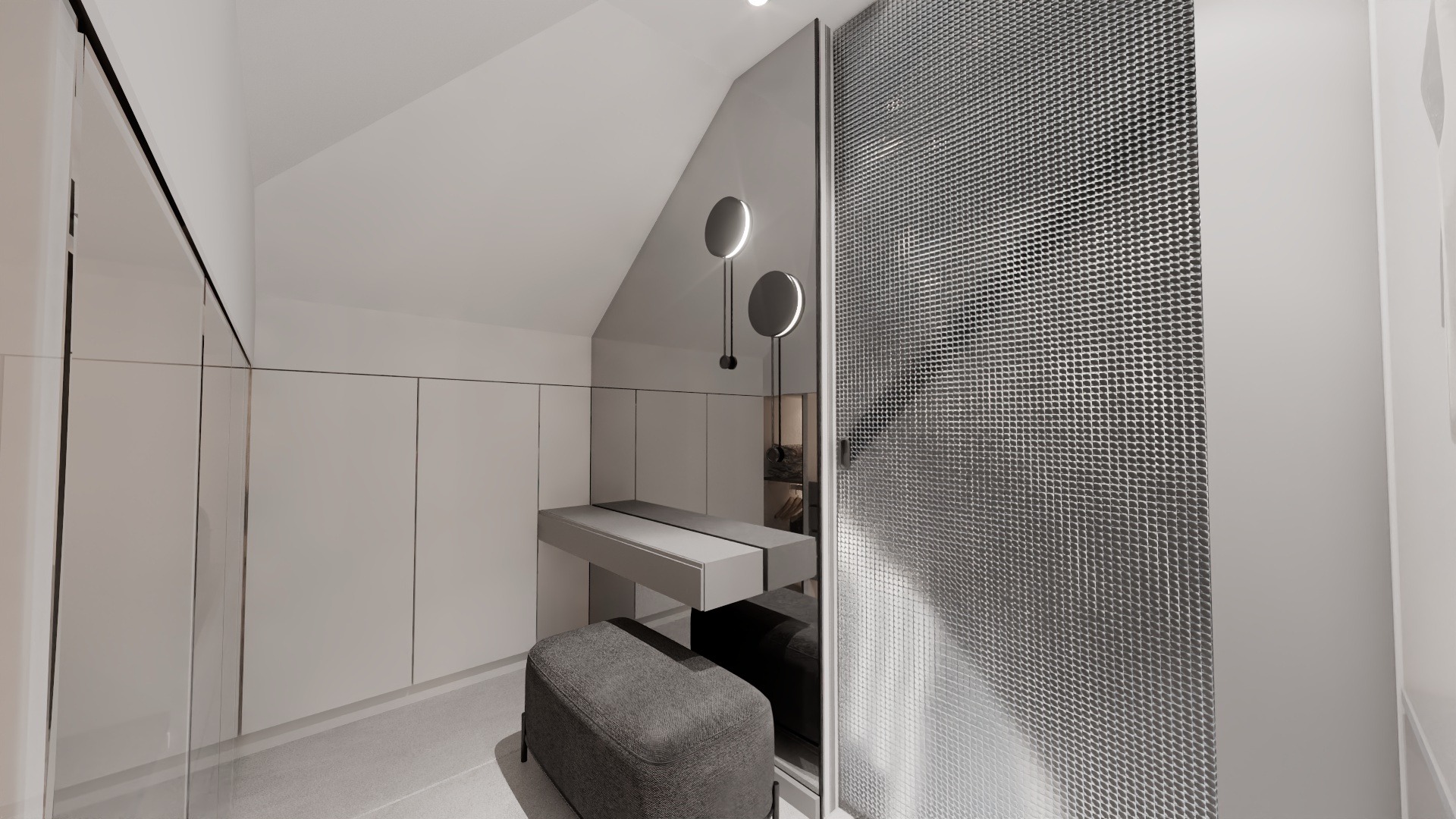 Nowoczesna, monochromatyczna łazienka z toaletką z szufladami i lustrem pod skosem, oświetlona okrągłymi lampami ściennymi, z siedziskiem z tkaniny obok kabiny prysznicowej z metalową siatką.