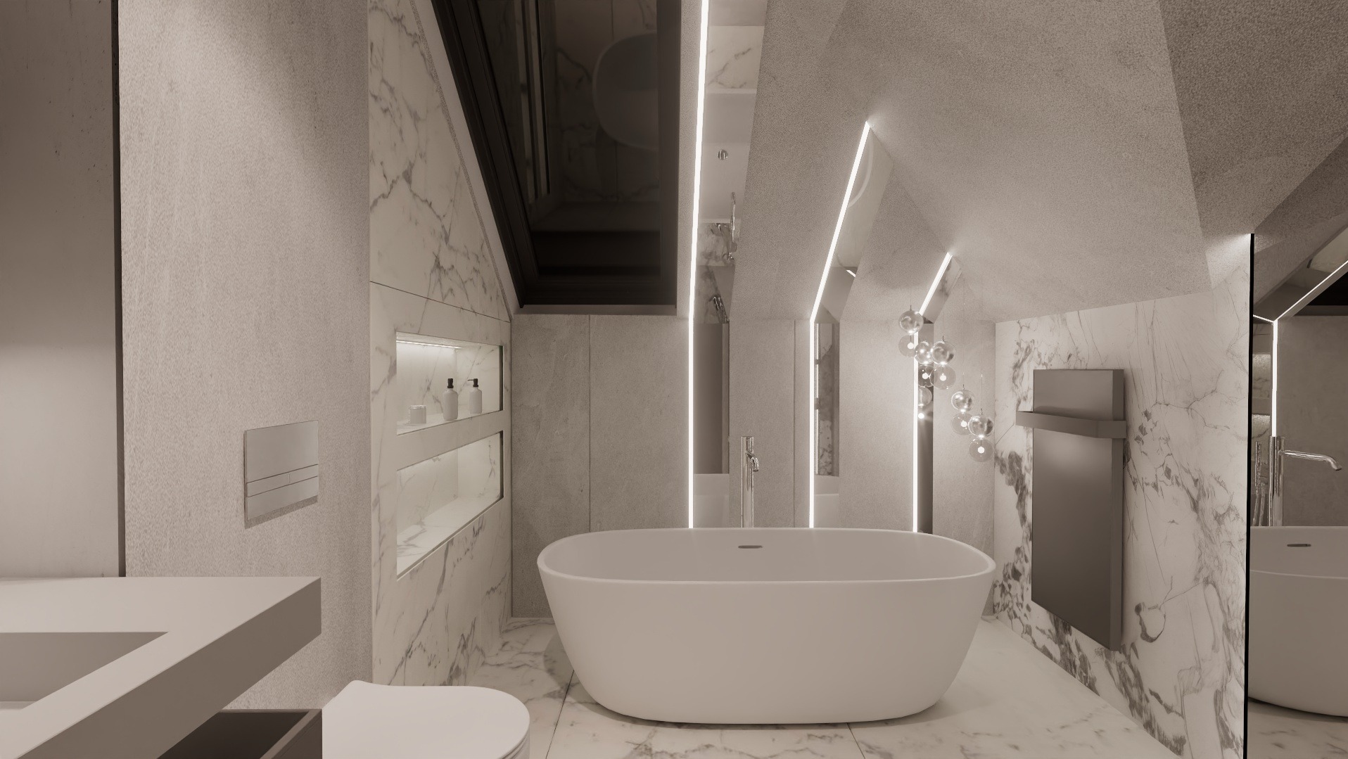 Wizualizacja nowoczesnej łazienki z wolnostojącą białą wanną, marmurowymi ścianami i podświetlanymi niszami, oświetlona pionowymi lampami LED.
