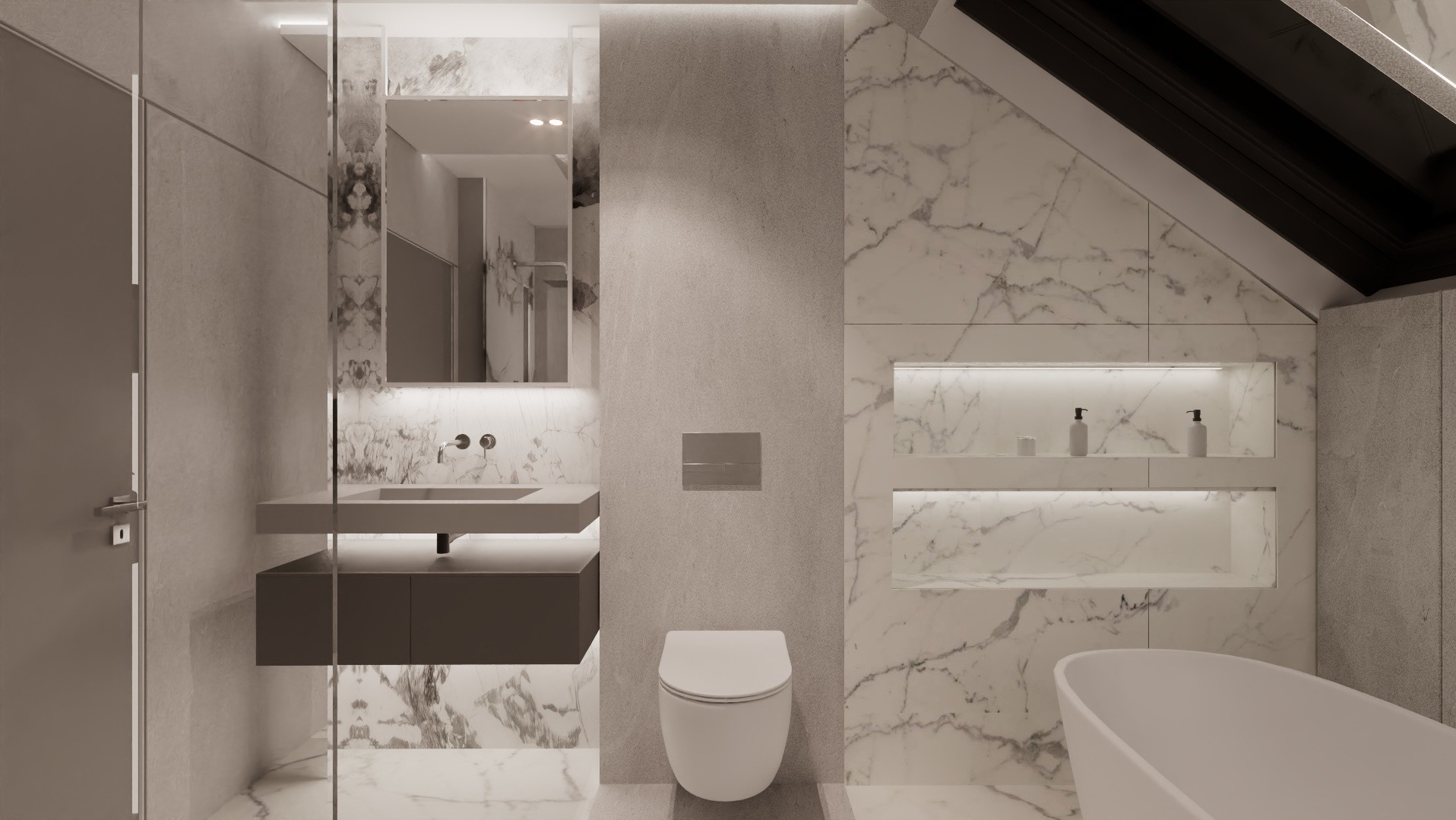 Nowoczesna łazienka z marmurowymi ścianami, podświetlanym lustrem nad umywalką z szufladami, toaletą wiszącą i wnękami z oświetleniem.