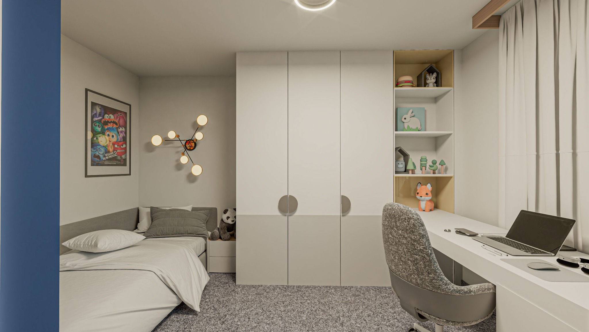 Wizualizacja pokoju dziecięcego z łóżkiem, biurkiem i szafą w kolorach szarości i bieli, na biurku laptop i zabawki na półkach.