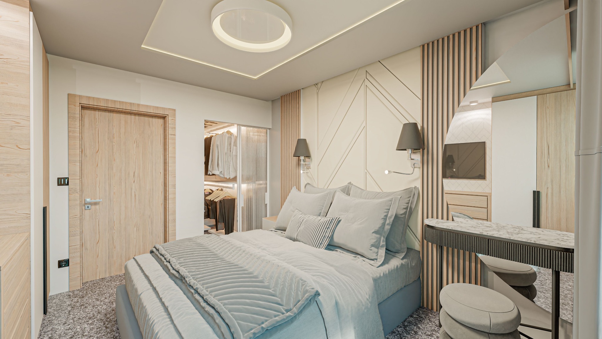 Nowoczesna sypialnia z łóżkiem w odcieniach szarości, drewnianą ścianą z geometrycznym wzorem, lampkami nocnymi na wysięgnikach, toaletką z marmurowym blatem i widokiem na garderobę z przesuwnymi...