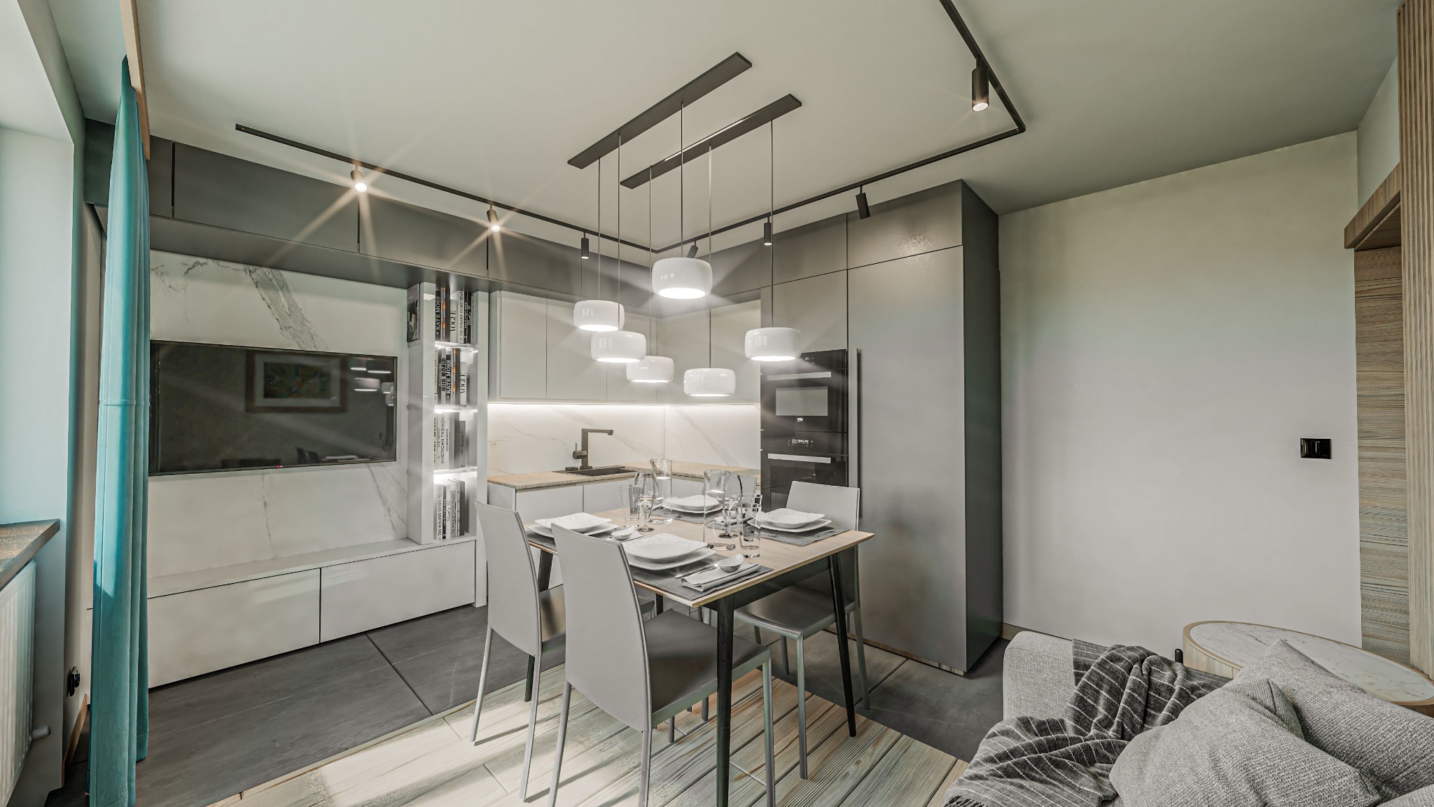 Nowoczesna aranżacja wnętrza z otwartą kuchnią i jadalnią, dominują szarości i biel, marmurowe wykończenia, drewniany stół nakryty do posiłku, oświetlenie punktowe i wiszące lampy.