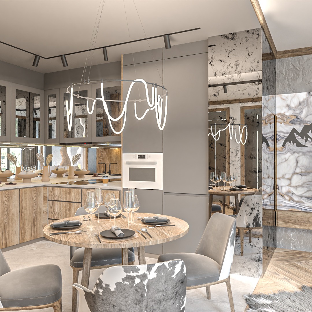 Nowoczesna kuchnia z drewnianymi frontami, okrągłym stołem i designerską lampą LED w kształcie abstrakcyjnej linii, odbijająca się w lustrzanej ścianie.