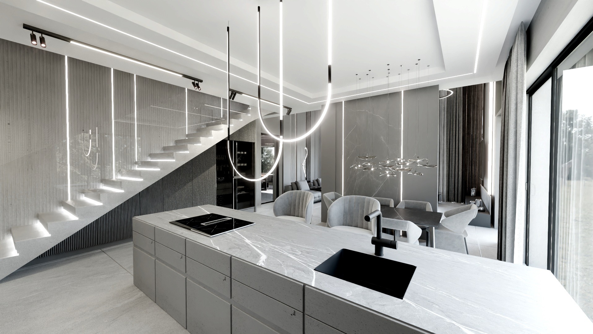 Nowoczesna kuchnia z marmurowym blatem, czarną armaturą i oświetleniem LED, widok na schody z podświetleniem i jadalnię w szarościach