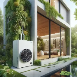 Biała pompa ciepła powietrze-woda zamontowana na zewnątrz nowoczesnego domu z zieloną ścianą, widoczna przez duże okno część salonu z sofą i dekoracjami.