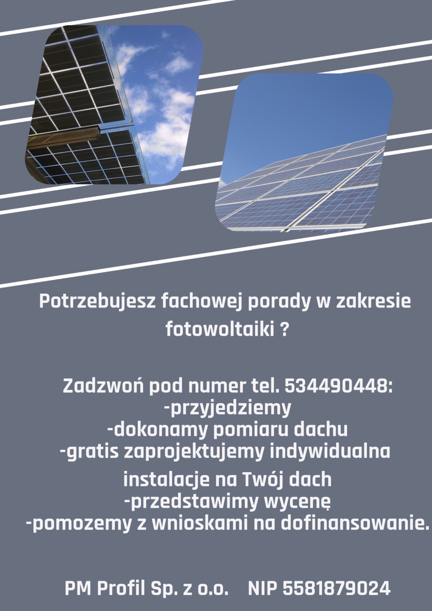 Grafika reklamowa z fragmentami paneli słonecznych na tle nieba, pytaniem o fachową poradę w zakresie fotowoltaiki oraz numerem telefonu i ofertą firmy PM Profil Sp. z o.o.