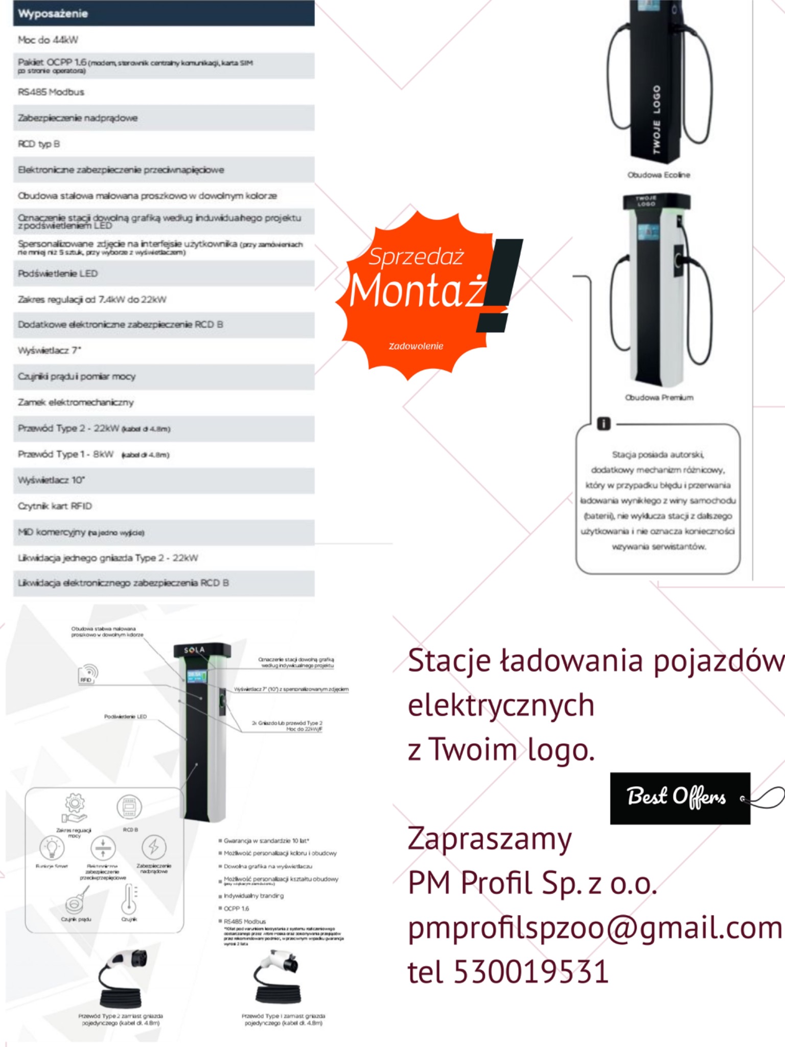 Grafika reklamowa prezentująca stacje ładowania pojazdów elektrycznych w dwóch wariantach obudowy (Ecoline i Premium) z możliwością personalizacji logotypu, wyświetlacza i koloru, wraz...
