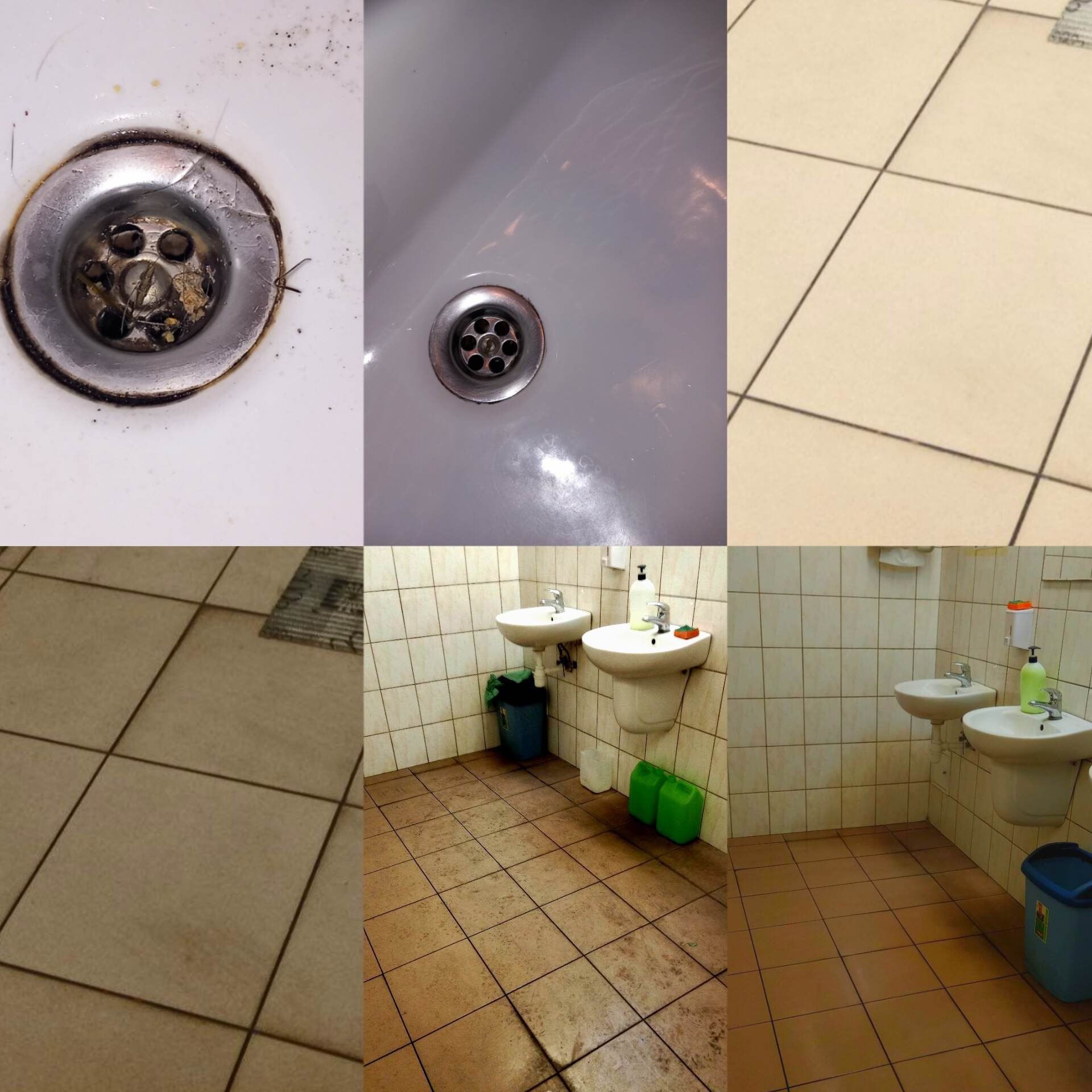 Mozaika zdjęć przedstawiająca fragmenty łazienki: zatkany odpływ umywalki z włosami i brudem, czysty odpływ umywalki, płytki podłogowe z widocznymi zabrudzeniami oraz umywalki w łazience przed i po...