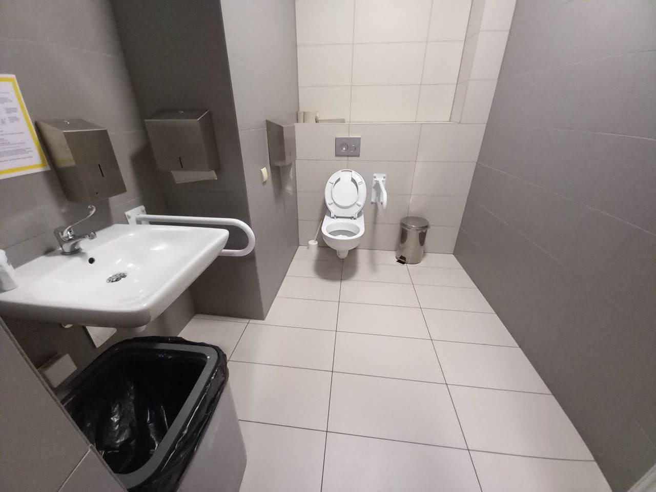 Wnętrze publicznej toalety z białą umywalką z chromowaną baterią, stalowymi podajnikami na mydło i ręczniki, toaletą z otwartą klapą, koszem na śmieci i szarą ścianą.