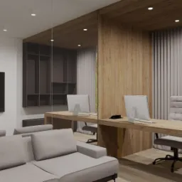 Wizualizacja nowoczesnego biura z drewnianym biurkiem, dwoma stanowiskami pracy z komputerami, szarą sofą i telewizorem na ścianie, z widokiem na zieleń za oknem.