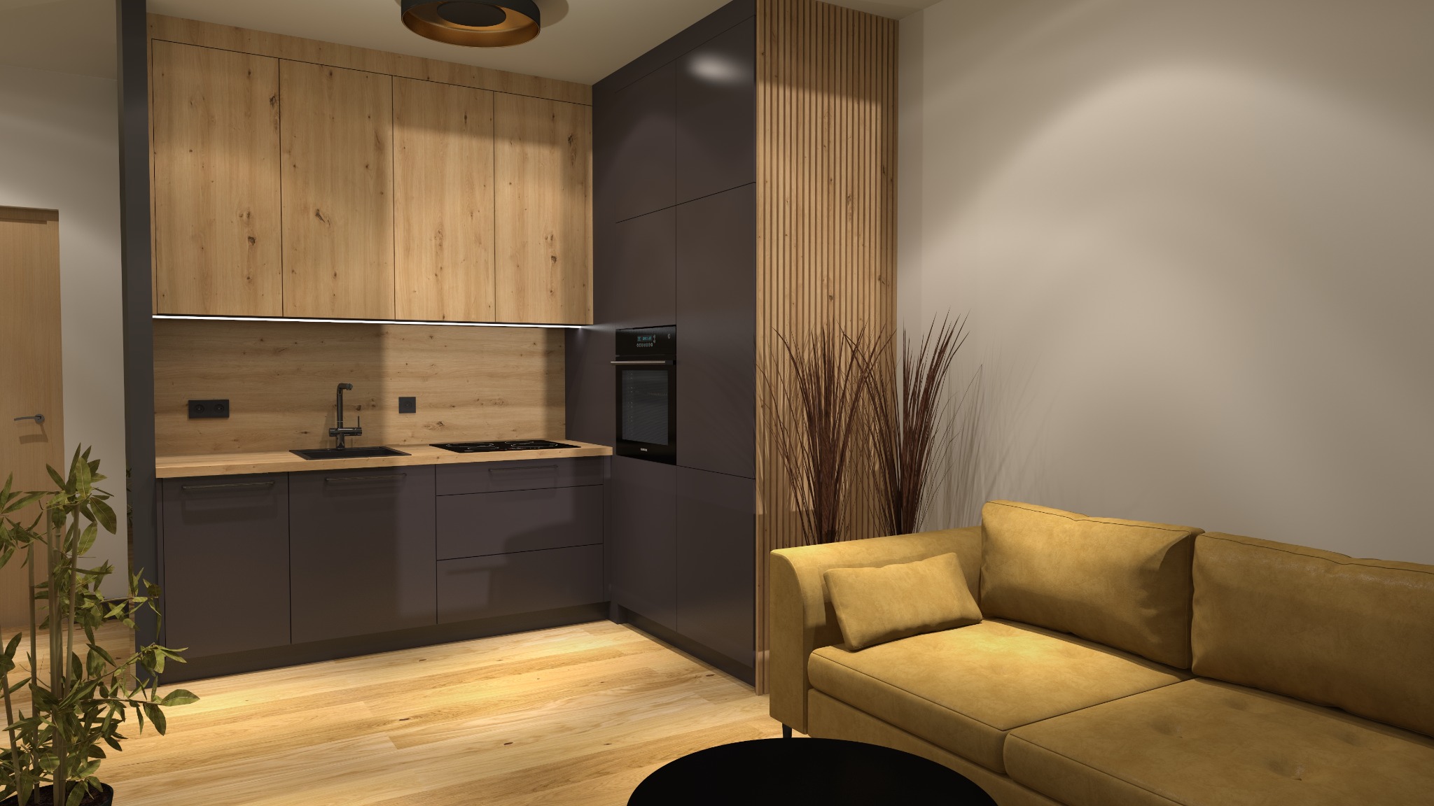 Wizualizacja kuchni z drewnianymi i grafitowymi szafkami, drewnianą ścianką działową i żółtą sofą w tle.