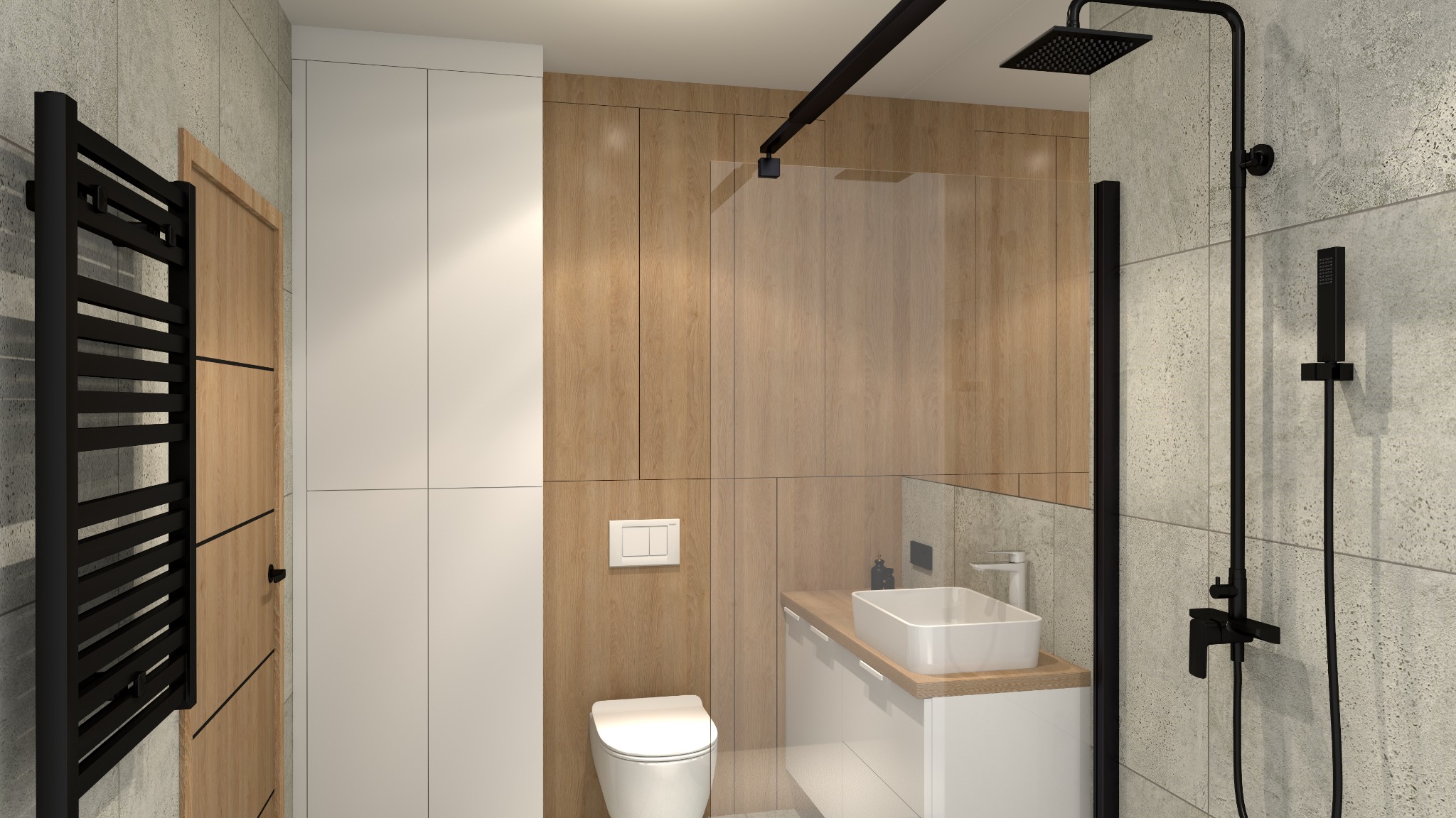 Wizualizacja łazienki z kabiną prysznicową typu walk-in, umywalką nablatową, toaletą podwieszaną i grzejnikiem drabinkowym w czarnym kolorze na tle płytek imitujących beton.