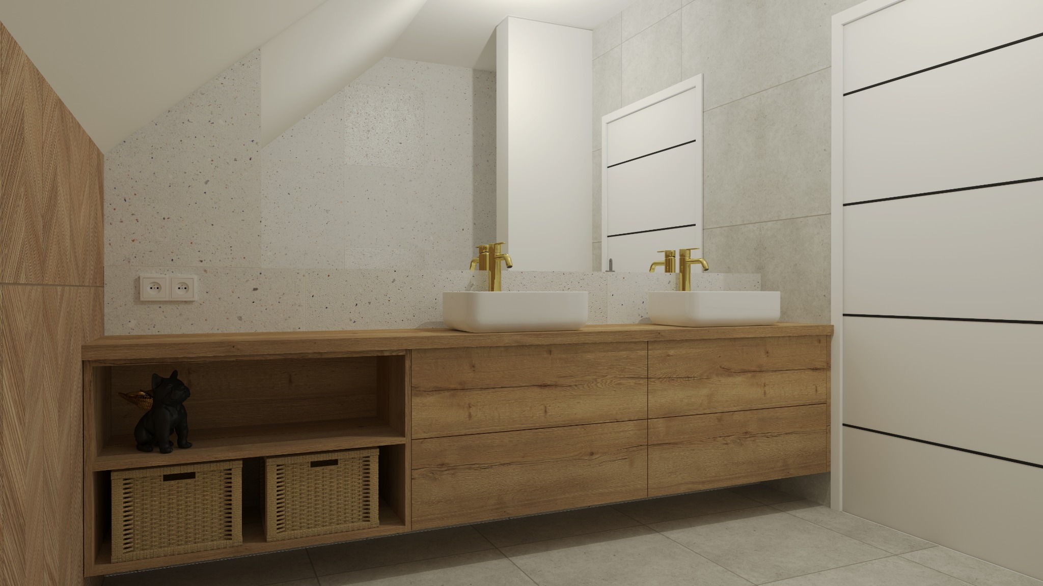 Nowoczesna łazienka na poddaszu z drewnianą szafką pod umywalki, białymi umywalkami i złotymi bateriami, dekorowana figurką czarnego buldoga i wiklinowymi koszami.