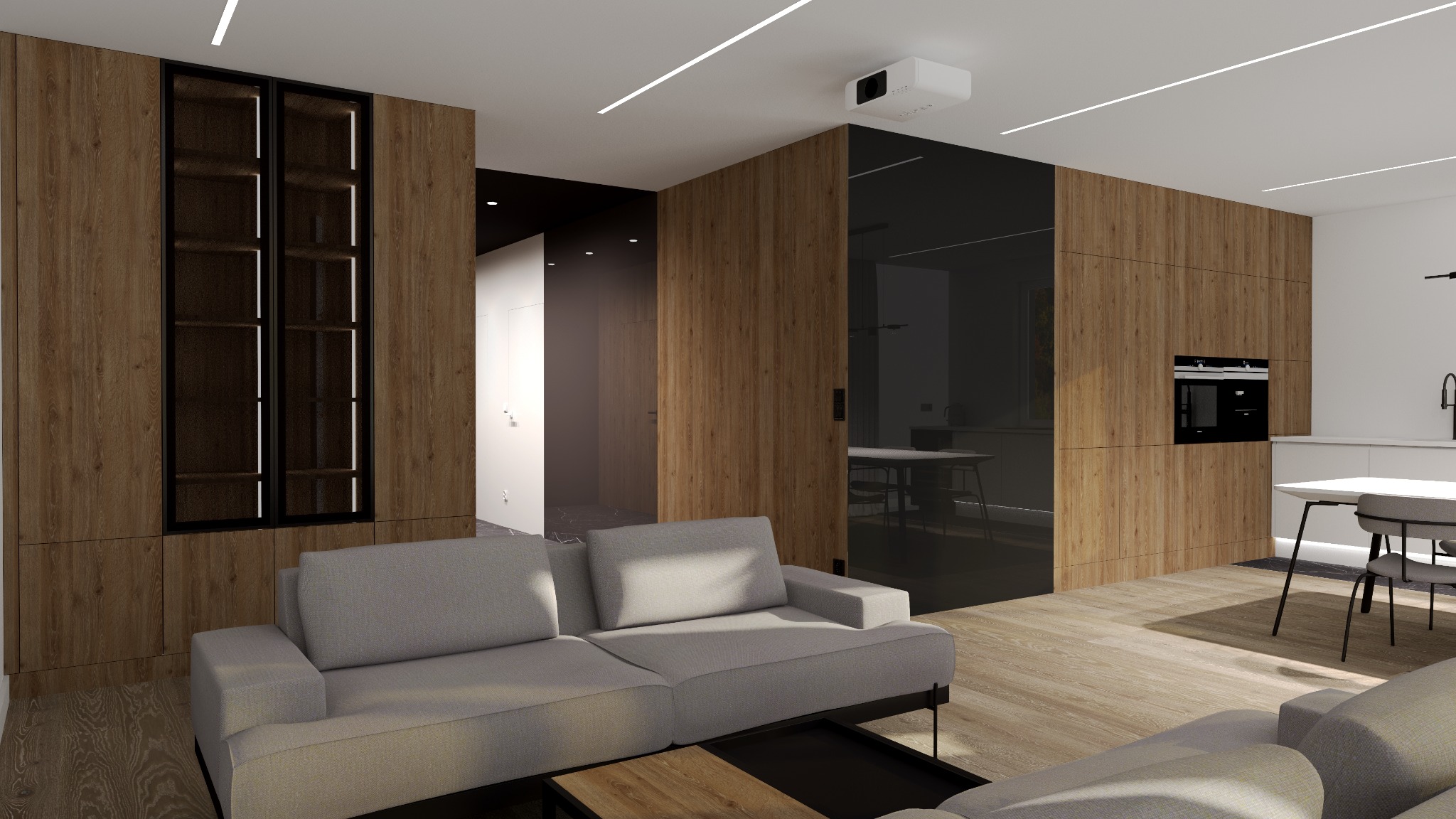 Wizualizacja salonu z drewnianą zabudową ścian, szarą sofą, projektorem sufitowym i widoczną kuchnią w tle.