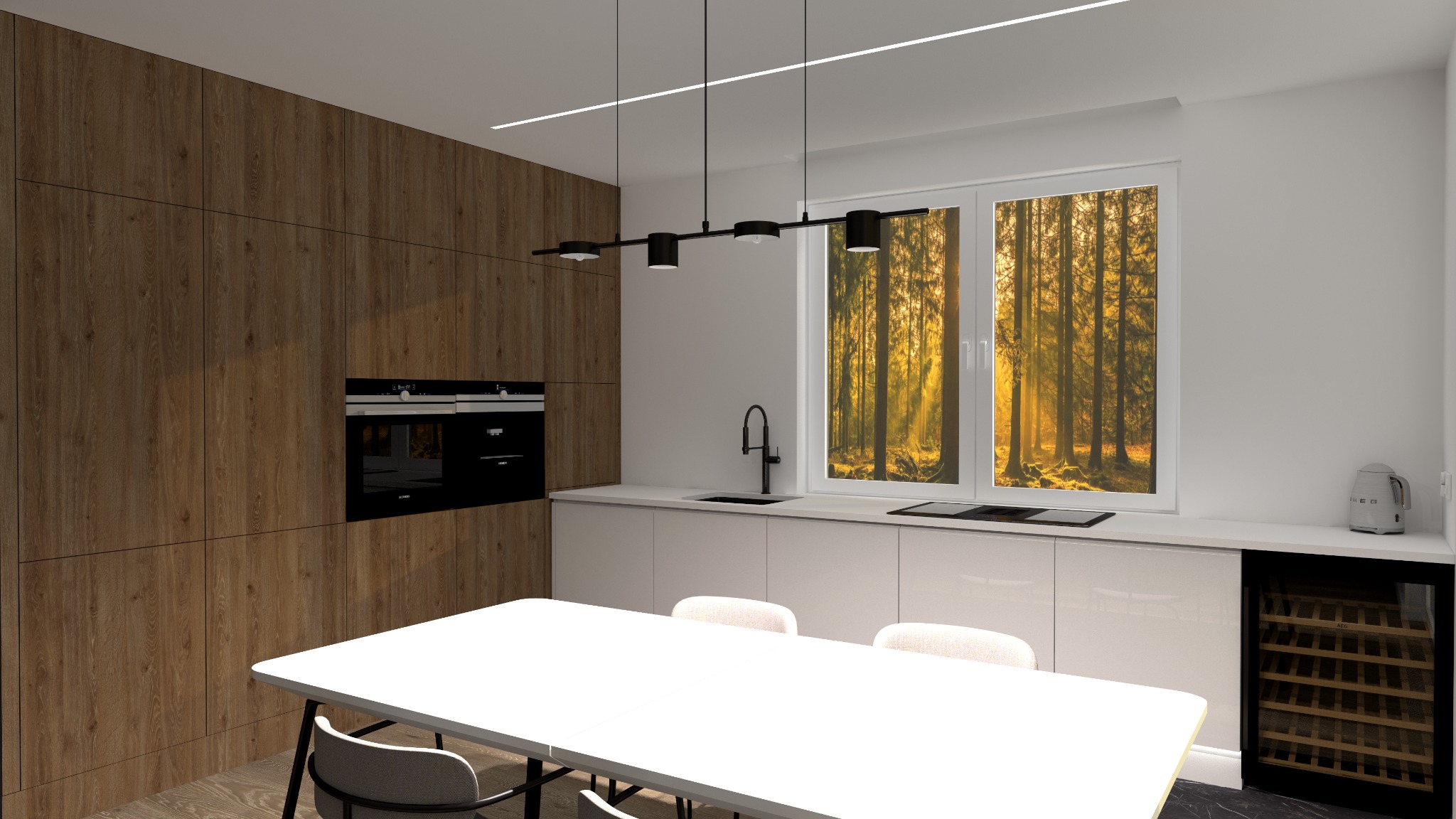 Wizualizacja nowoczesnej kuchni z drewnianą zabudową, białymi szafkami, czarną armaturą i widokiem na las za oknem. Na pierwszym planie biały stół z szarymi krzesłami.