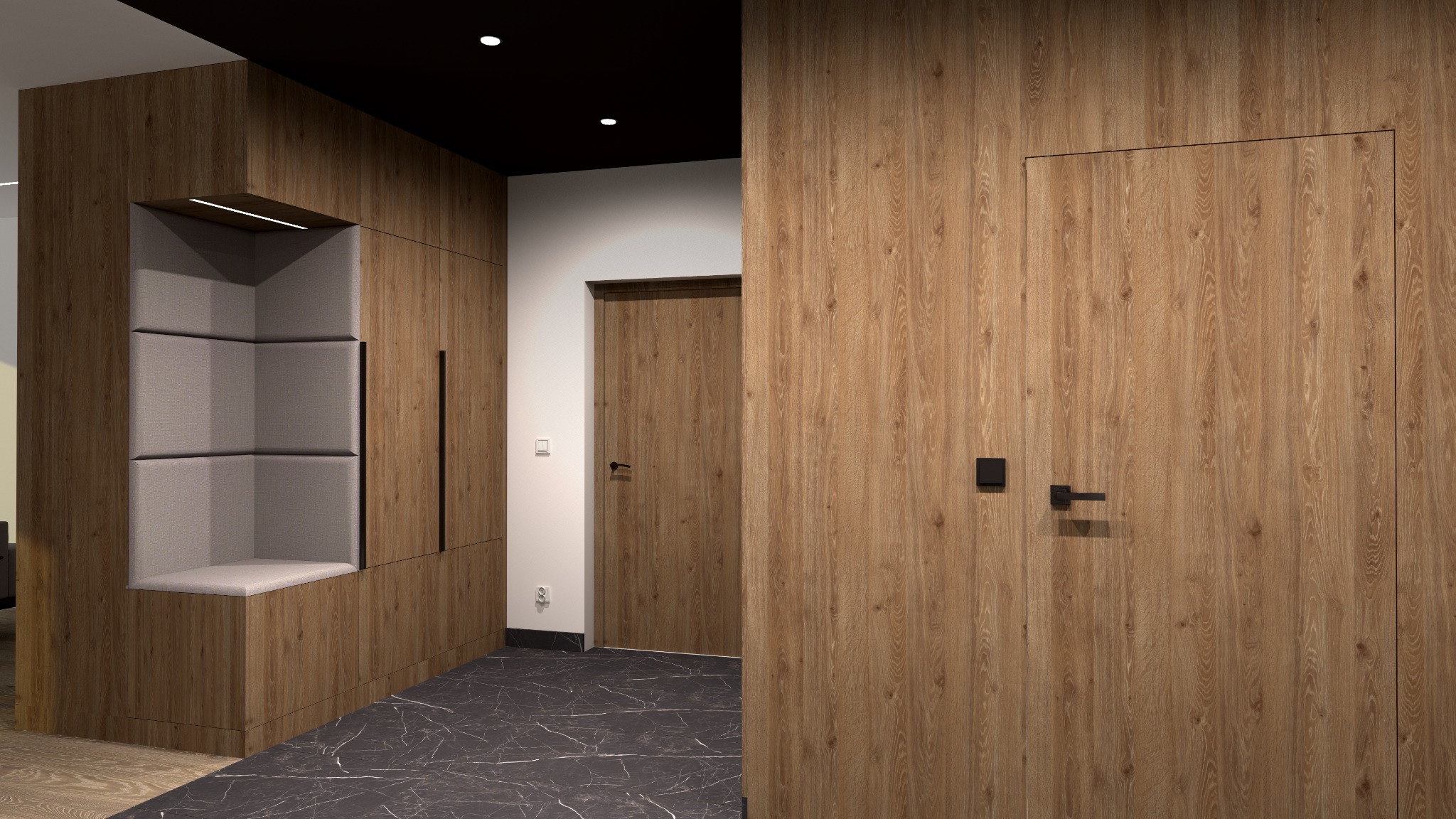 Nowoczesny przedpokój z drewnianą zabudową, w tym wnęką z tapicerowanym siedziskiem i ściankami, oraz ukrytymi drzwiami z czarnymi klamkami, na podłodze marmurkowe płytki.