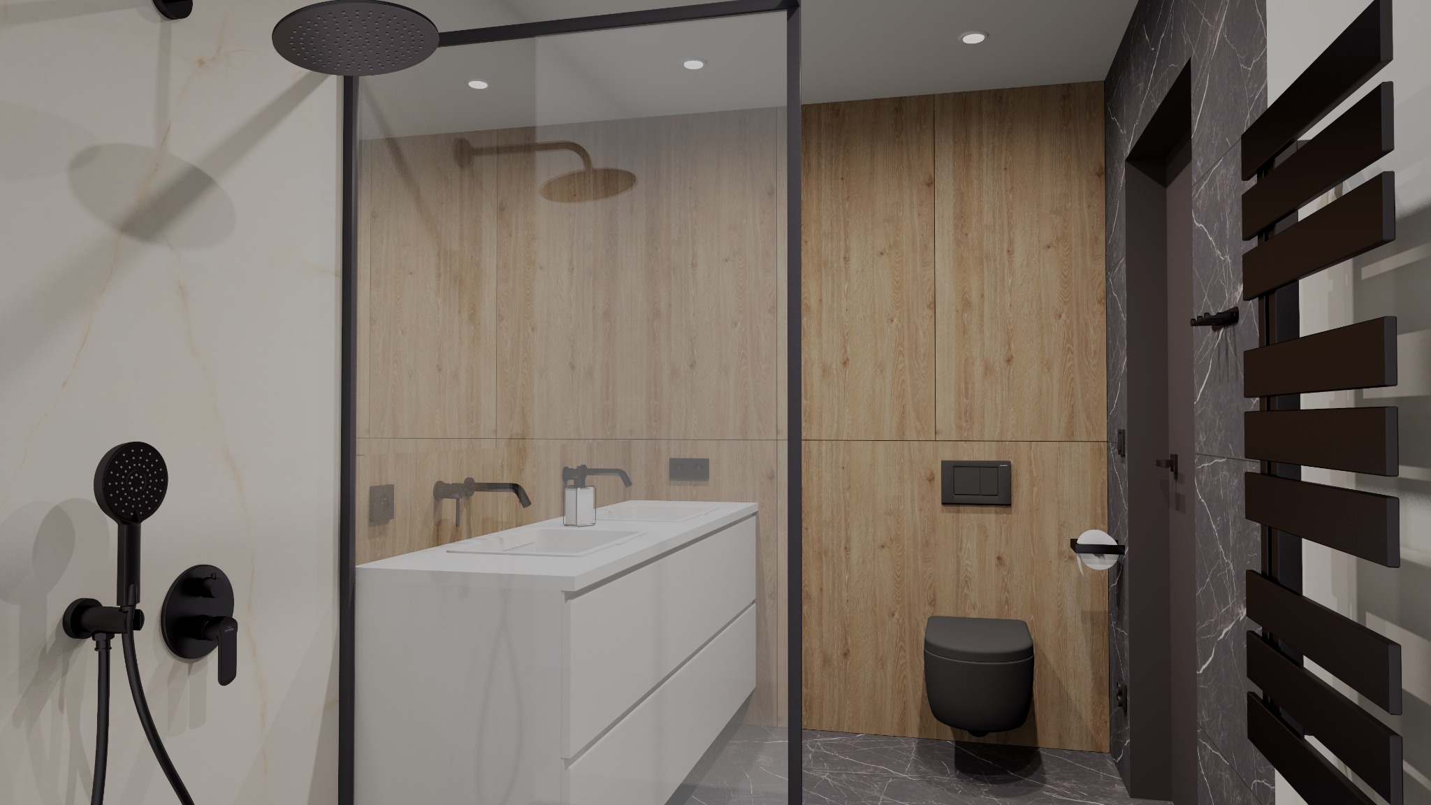 Nowoczesna łazienka z kabiną prysznicową typu walk-in, białymi szafkami pod umywalkę, drewnianą okładziną ścienną i czarną armaturą oraz toaletą.