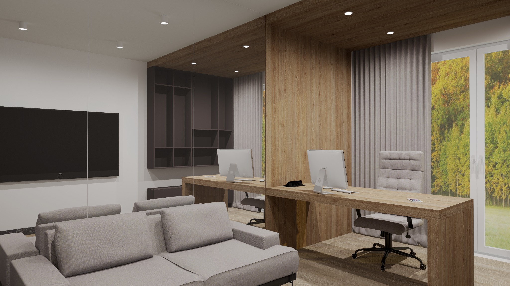 Wizualizacja nowoczesnego biura z drewnianym biurkiem, dwoma stanowiskami pracy z komputerami, szarą sofą i telewizorem na ścianie, z widokiem na zieleń za oknem.