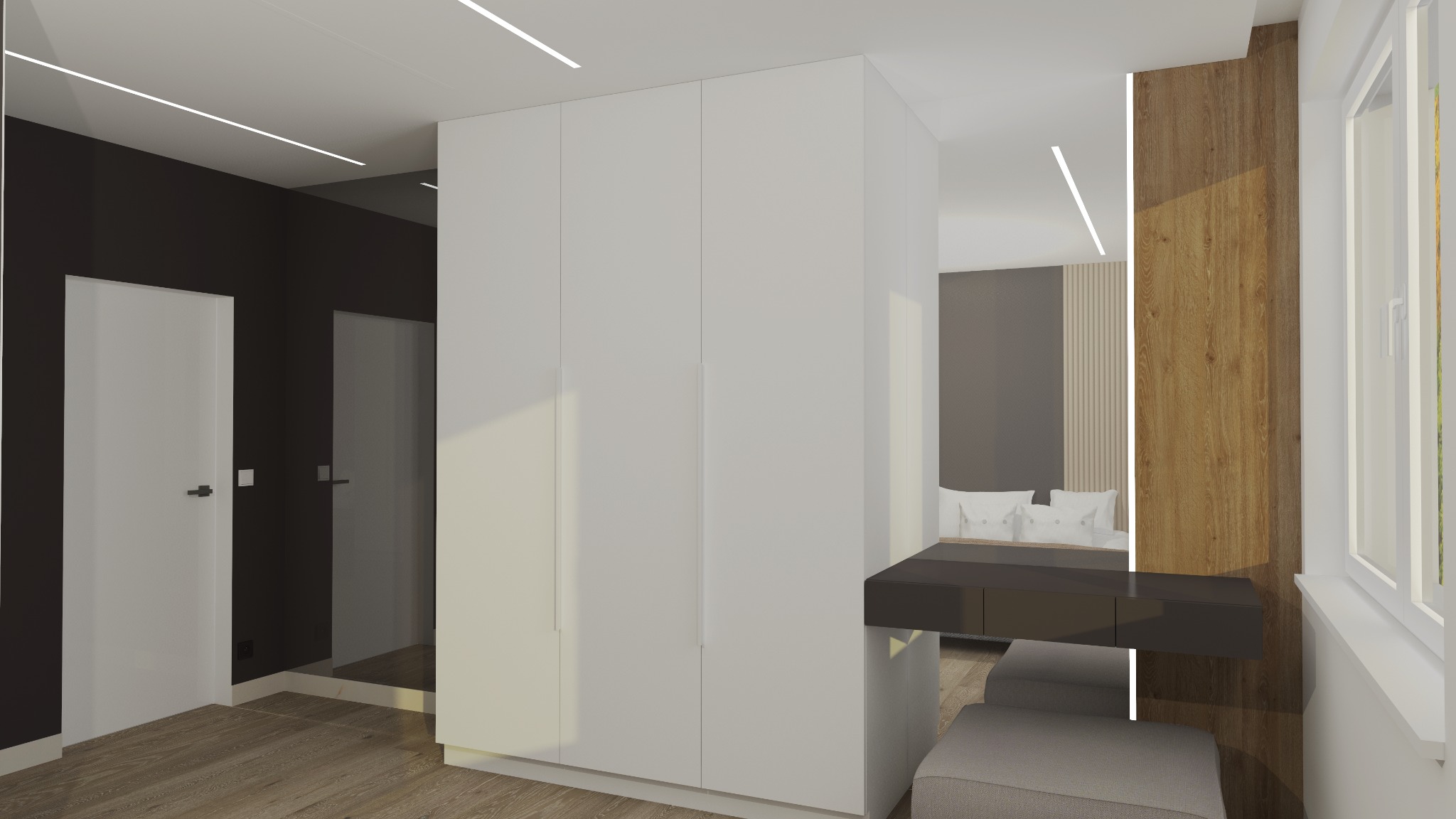Wizualizacja sypialni z garderobą, toaletką i pufą w nowoczesnym stylu. Widoczne oświetlenie LED, drewniana podłoga i okno z widokiem na zieleń.
