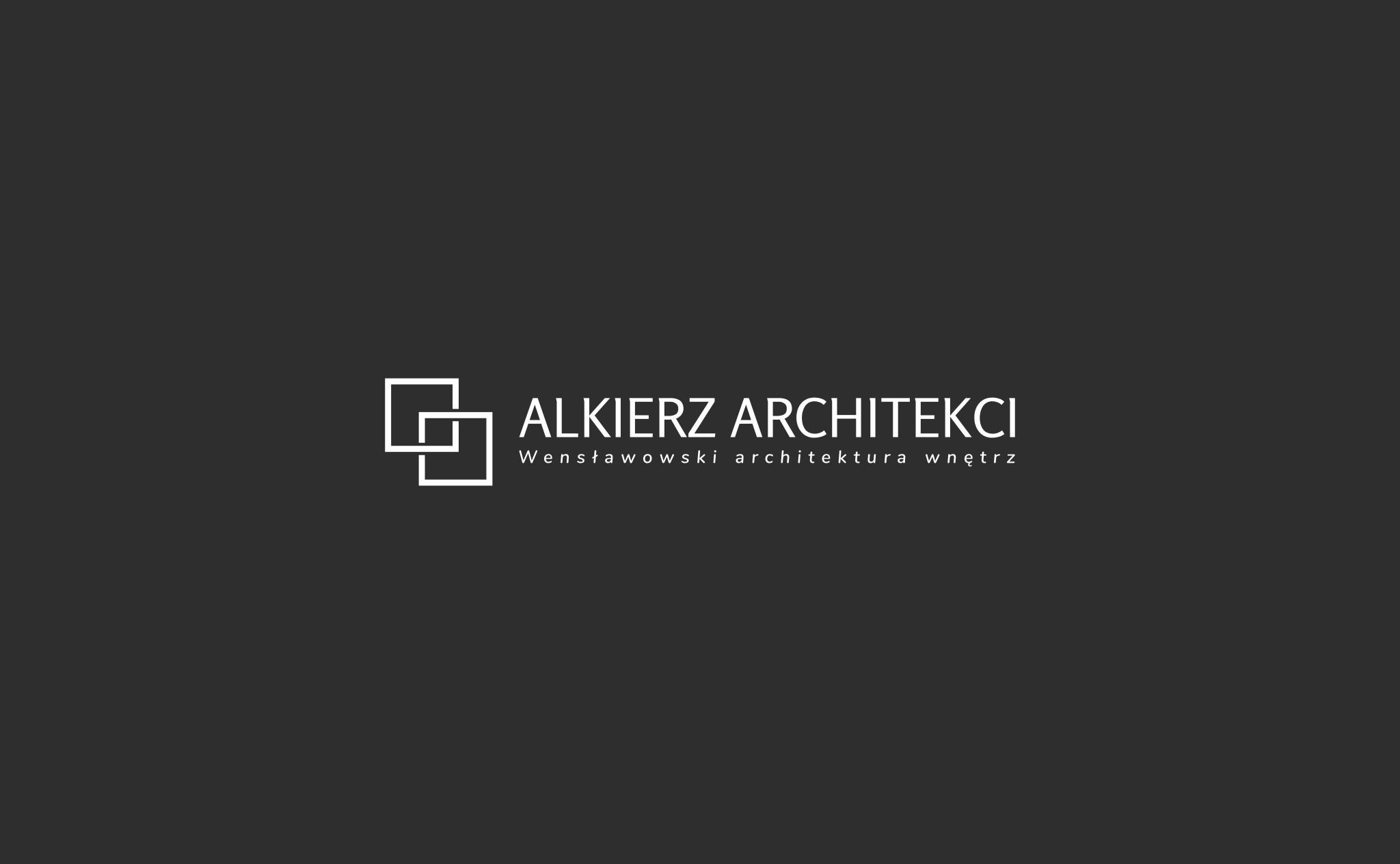 Logo firmy Alkierz Architekci, z minimalistycznym symbolem dwóch nałożonych na siebie kwadratów i tekstem 'Wensławowski architektura wnętrz' poniżej.
