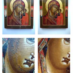 Porównanie ikony Matki Boskiej z Dzieciątkiem przed i po konserwacji, z widocznymi pęknięciami i ubytkami farby na zbliżeniu przed renowacją.