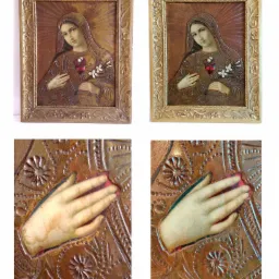 Dwa ujęcia ikony Matki Boskiej w złoconych ramach, pokazujące zbliżenie na dłoń i zdobienia.