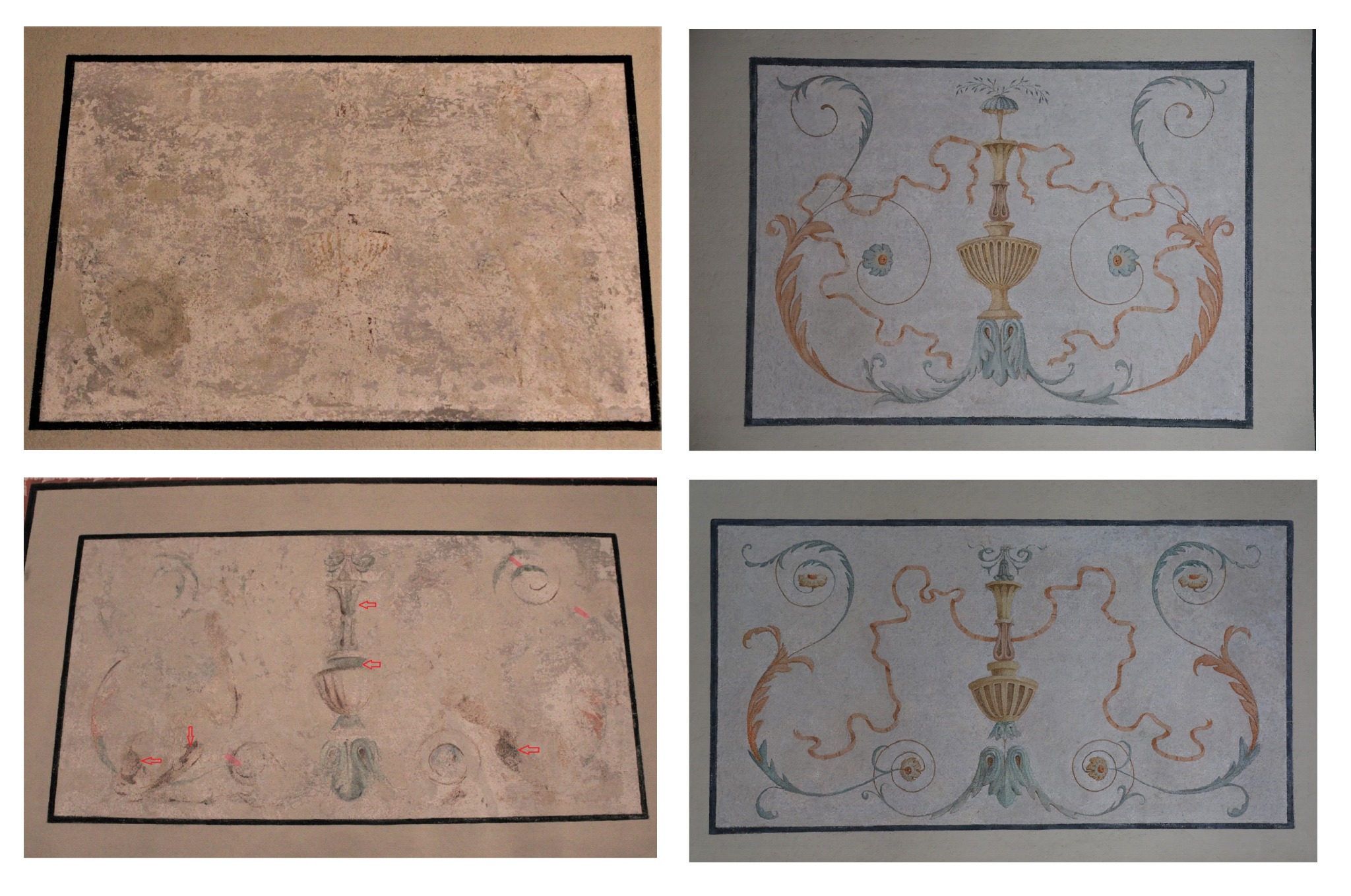 Cztery etapy odnawiania dekoracyjnego malowidła ściennego w ramie: stan początkowy z uszkodzeniami, częściowo odrestaurowane fragmenty, oraz finalny efekt z ornamentami w stylu retro.