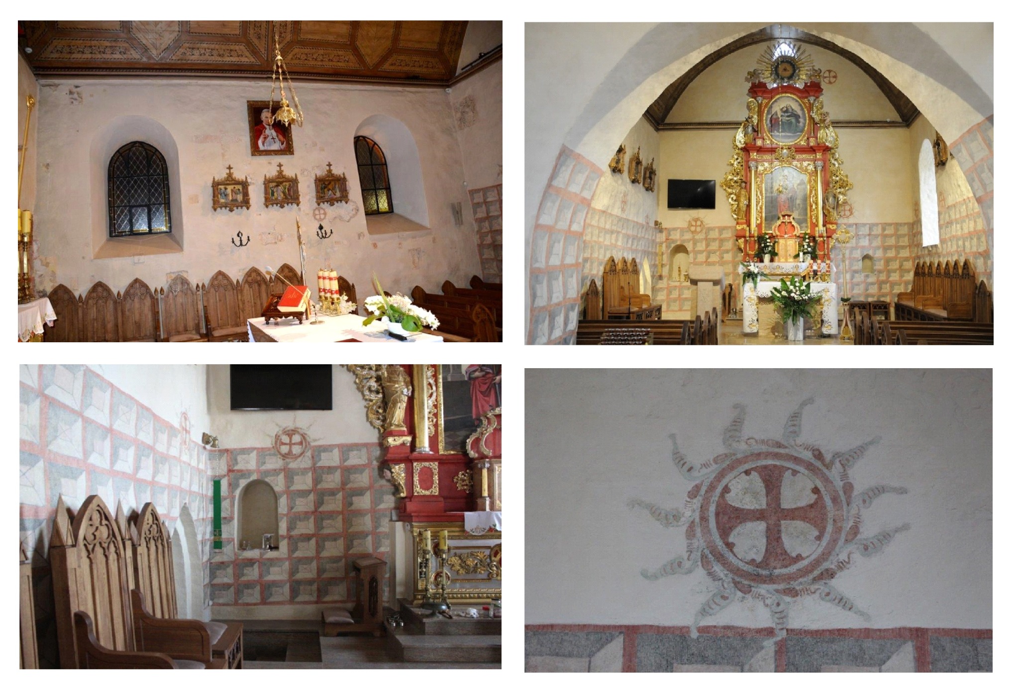 Wnętrze zabytkowego kościoła z freskami na ścianach, drewnianym stropem i ołtarzem głównym, ukazujące detale architektoniczne i malarskie.