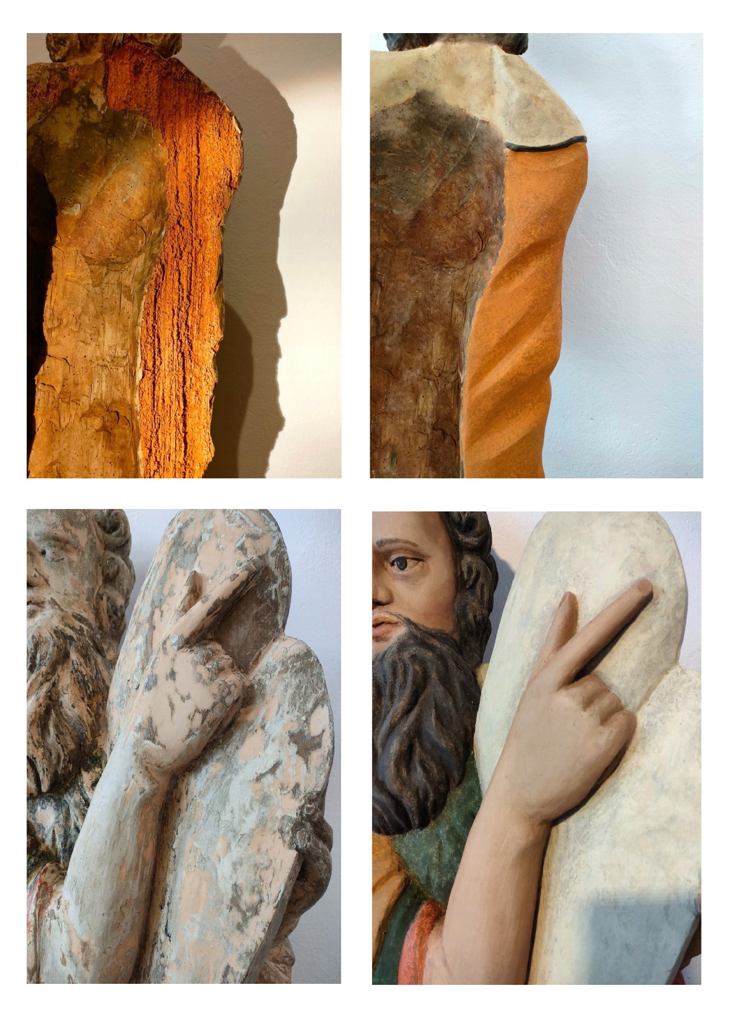 Cztery zbliżenia na drewniane rzeźby religijne, ukazujące detale postaci, fakturę drewna i ślady patyny.